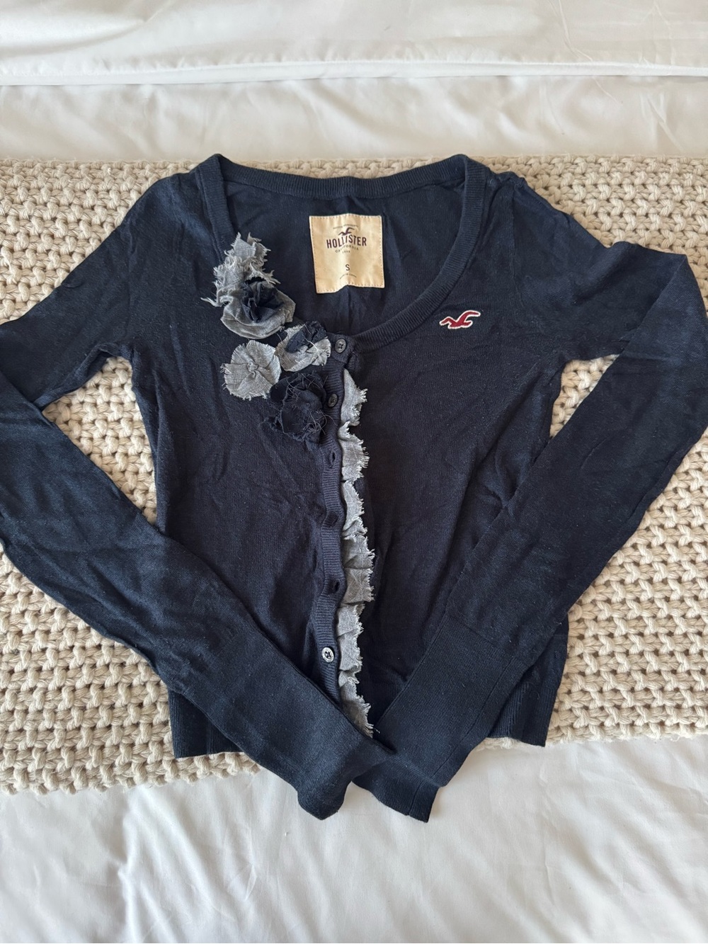 Hollister Navy Ruffle-Trim Button Cardigan with Embroidered Logo